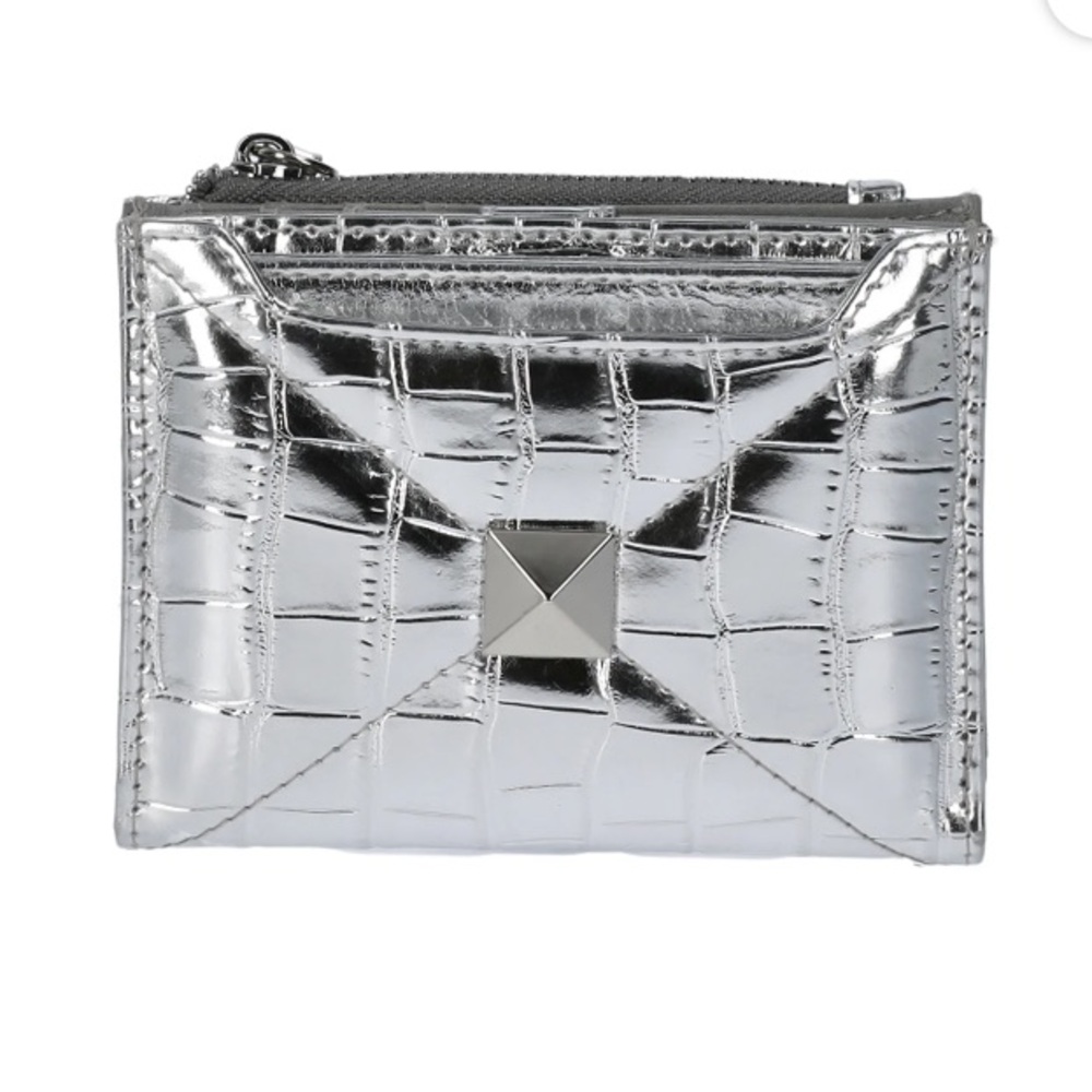 💜No Boundaries Women's Addison Bi-Fold Wallet W/Card Case, Metallic Silver-Tone